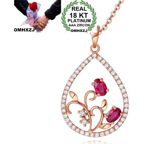 OMHXZJ Wholesale European Fashion Woman Girl Party Wedding Gift Flower Ruby Zircon 18KT Rose Gold Necklace Pendant Charm CA183