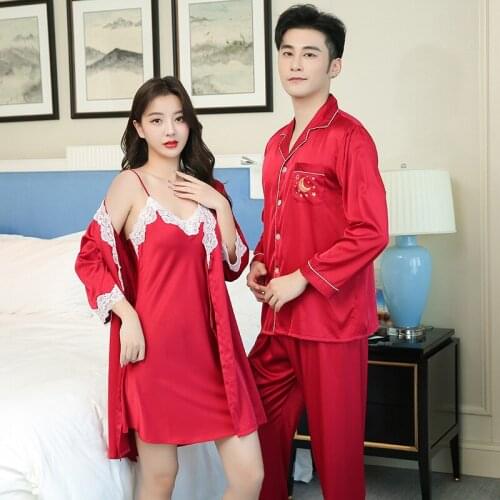 Women Men Satin Pajamas Set Fashion Sleepwear Couple Long Sleeve Casual Two-Piece Pyjama Spring Summer Homewear