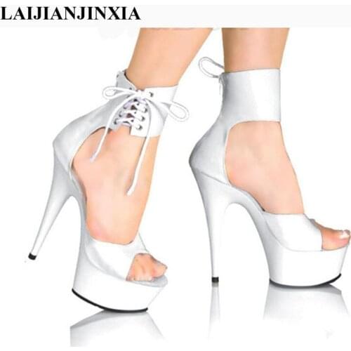 New Fine with Ankle Strap PU Leather 15CM Super High Heel sandals Platform Star/Model/Party Dance Shoes