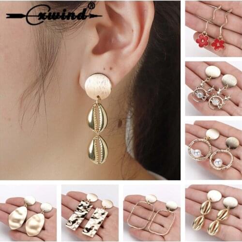 Cxwind Boho Earring Metal Gold Geometric Irregular Square Circle Shell Flower Stud Earrings for Women Girl Statement Brincos