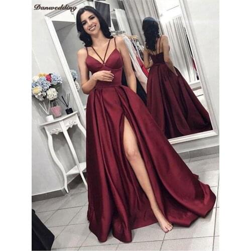 Sexy Backless Evening Dresses Side Split Spaghetti Straps Sweetheart Neck Prom Dress Satin Pockets Floor-Length Party Dresses