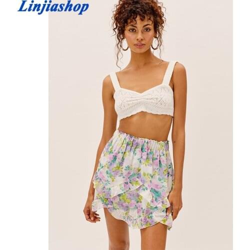 Sweet Floral Print Ruffle Skirt Women Elastic High Waist Mini Jupe Femme Holiday Summer Boho Beach Casual faldas