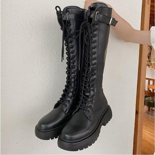 High Boots For Womens Thigh High Motorcycle British Style Shoes Thick Bottom Lace Up Side 2021 Ladies Boots botas altas mujer