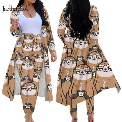 Jackherelook Elegant Womens Two Piece Outfits Cute Cartoon Sloth Animal Print Autumn Cardigan Bodycon Skinny Long Pants 2 Set