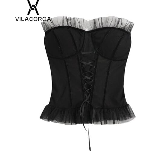 Gothic Lace Stitching Women Corset Bra Women Tube Top Backless Crop Tops Street Lace-Up Slim Tank Tops Sexy Vest Female Clothes