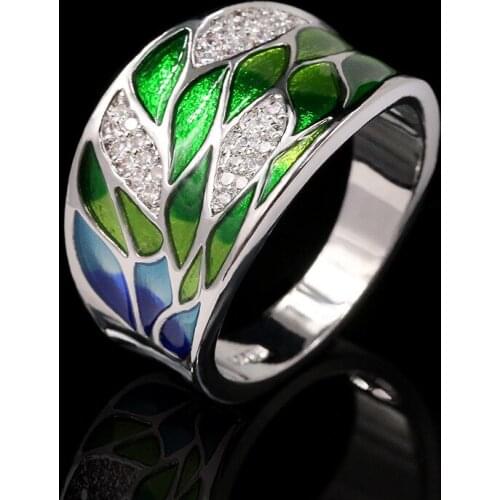 Elegant Bohemian Style 925 Silver Green Leaf Enamel Ladies Ring Zircon Inlaid Wedding Ring Fashion Jewelry Flower Ring Women