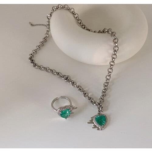 MENGJIQIAO 2021 Delicate Zircon Green Heart Crystal Pendent Necklace For Women Fashion Silver Color Link Chain Necklace Jewelry