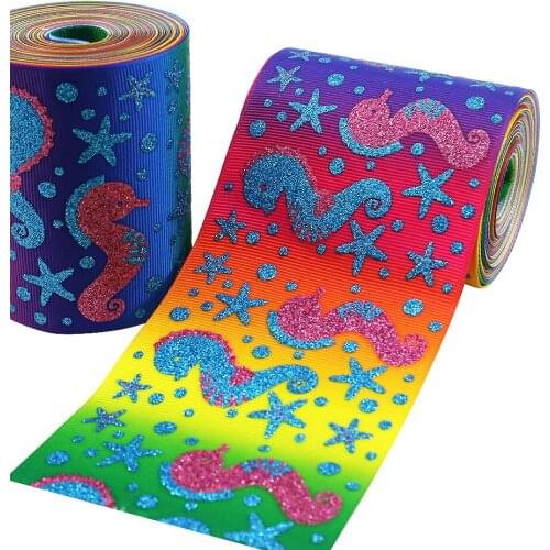 75mm sparkling glitter sea horse rainbow heat transfer grosgrain ribbon 50yards welcome custom printed