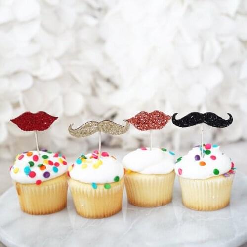 Glitter Mustache and Lips Cupcake Toppers wedding bridal baby shower Bachelorette Party Decor cake toppr food picks