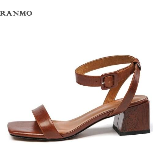New Genuine Leather Womens Shoes Casual Buckle Strap Shoes for Women Sandals Thick Heel Ankle-Wrap Handmade Fashion Summer Shoes