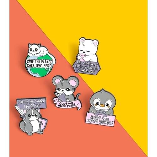 Custom Funny penguin Cat Rat Bear Raccoon Enamel Pin Just One More Game Page Brooches Shirt Lapel Badge Bag Animal Jewelry Gift