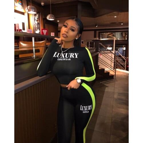Echoine Letter Printed Long Sleeve Two Piece Set Women Sexy Tight Suit Sports Casual Slim T-shirt Tops Jogger Active Tracksuits