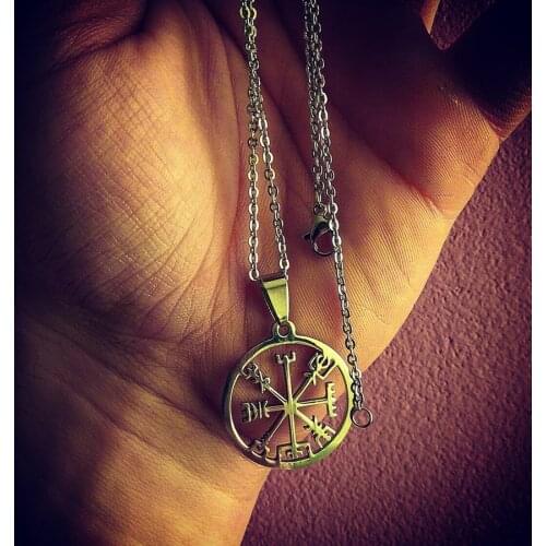 HOBBORN Trendy Viking Vegvisir Compass Necklace Women Men 316L Stainless Steel Nordic Runes Odin Pendants & Necklaces Jewelry