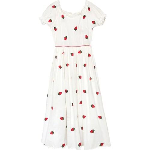 PERHAPS U White V-neck Strawberry Embroidery Puff Short Sleeve Empire Long Dress Empire Sweet Summer Beach Holiday D2433