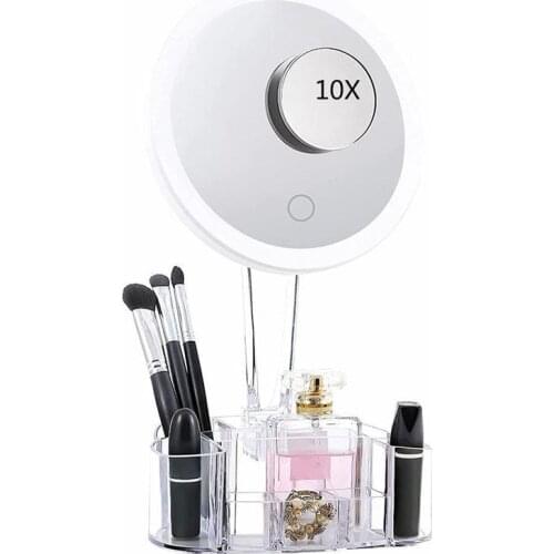 LED Light Makeup Mirror 10 Times Magnification Touch Screen Makeup Mirror With Storage Box 90 Degree Rotating Makeup Mirror