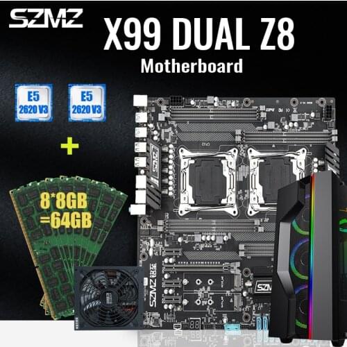 SZMZ X99 Dual CPU Mining Motherboard Kit LGA2011-3 With 2*E5 2620V3 and 8*8gb DDR4 2400MHZ ECC REG RAM Power Supply and Chassis