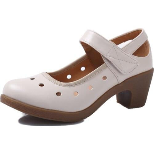 Thick Heel Women Shoes Ladies Pumps Round Toe Hollow Out High Heel Shoes Handmade Soft Bottom Casual Women Dance Shoes