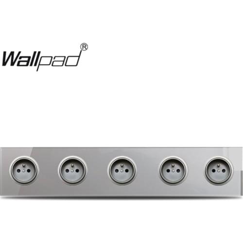 Wallpad L6 Quintuple 5 Way French Plug Power Outlet Wall Socket Grey Tempered Glass Panel 430*86mm Child Protection