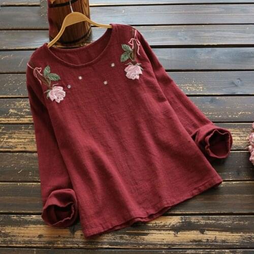 Embroidery Blouse Women Long Sleeve Vintage Clothes O Neck Cotton Linen Basic Tee Shirt Loose Ladies Tops Casual Tunics