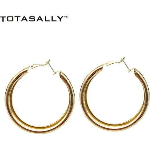 TOTASALLY Flat Gold /Silver Color Thick Circle Hoop Earrings Women Metal Concave Groove Round Earrings Minimalist Jewelry