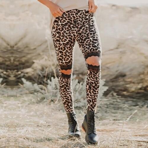 Women Fintness Knee Cut Ripped Hole High Waist Skiny Leopard Printed Leggins Female Lace Patchwork Legins Pants Mujer Jeggins