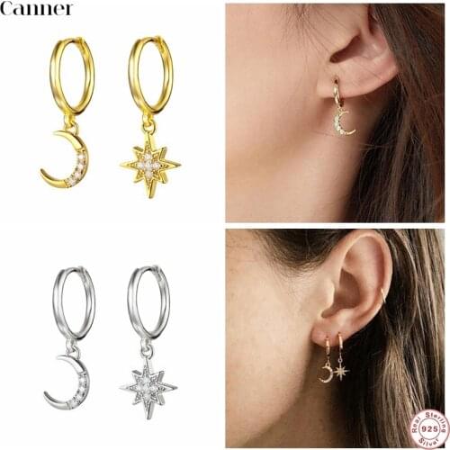 Simple 925 Sterling Silver Moon Star CZ Zircon Small Hoop Earrings for Women Mini Gold Silver Lightning Round Earrings Jewelry