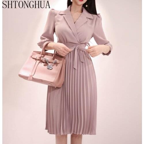 SHTONGHUA 2019 Women Clothing Korean Style Women Pleated Dress Office Elegant Solid Color Dress Female Notched Dress