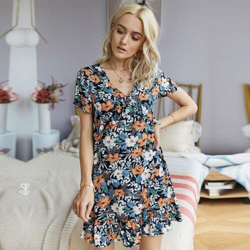 Ladies Casual Ruffles Short Sleeve Above Knee Mini Dress Womens Summer V-neck Short Print Dress
