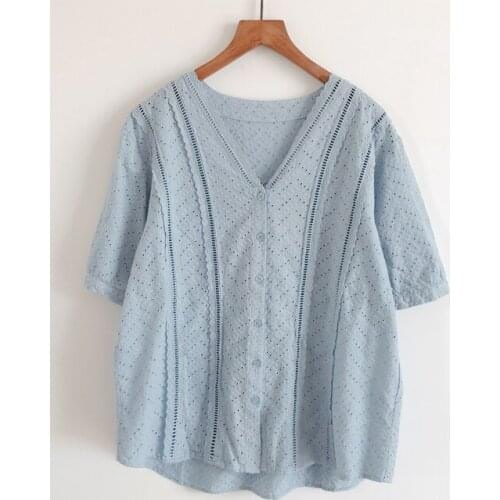 2020 New Summer Women Blouse Hollow out Embroidery Cotton Tops Loose Thin V-Neck Literary Short Sleeve Shirt Women