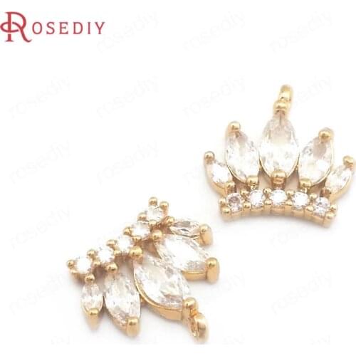 38274)6PCS 7x12MM 24K Champagne Gold Color Brass and Zircon Crown Charms Pendants High Quality Diy Jewelry Findings Accessories