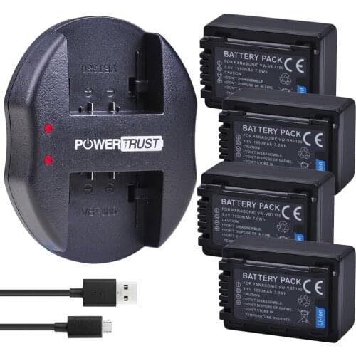 4Pc 1950mAh VW-VBT190 VW-VBT380 VBT190 Battery and Charger for Panasonic HC-V720,HC-V727,HC-V730,HC-V750,HC-V757,HC-V760,HC-V770