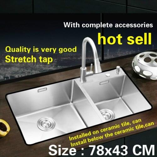 Free shipping Food grade 304 stainless steel big kitchen sink stretch tap thickness 4 mm double - groove durable 78x43 CM