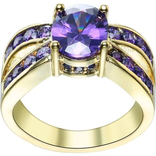 Hainon Large Oval Purple Zircon Crystal Fashion Gold Color CZ Zircon Jewelry Lady Wedding Rings Charming Jewellery Women Bijoux