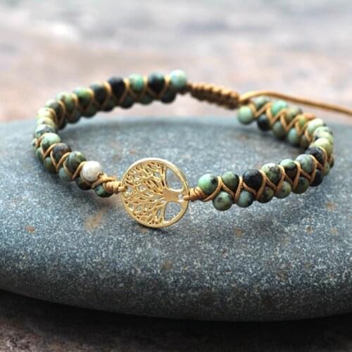 Natural Stone Tree of life Yoga Chakras Beads Beaded Bracelets Handmade Leather Rope Woven Wrap Stone Adjustable Couple Bracelet