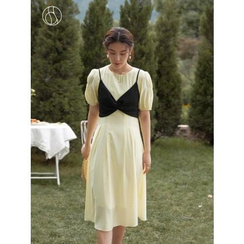 DUSHU Loose Office Lady Womens Sweet Puff Sleeve Sling Yellow Dress Two-piece Set 2021 Summer New Temperament Long Dress