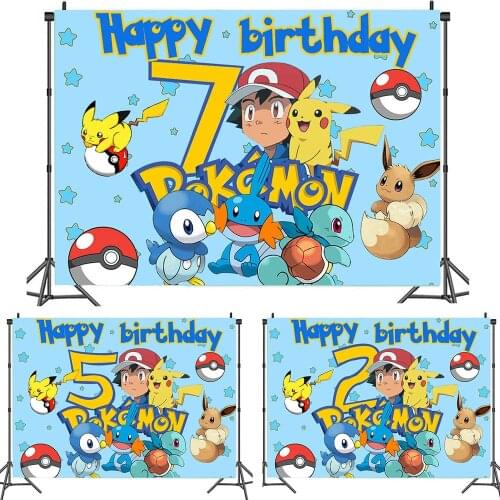 Pokemon Happy Birthday Backdrop Pikachu Eevee Number Photography Background Baby Shower Wall Decoration Kid Party Supplies Gift