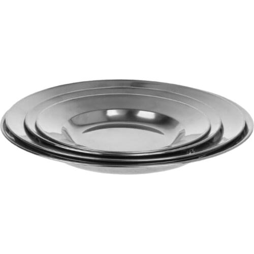 B0KB Stainless Steel Round Dinner Plate Dish Tray Food Container Outdoor Camping Picnic Tableware 16-24cm