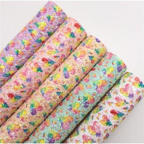 LEOsyntheticoDIY Rainbow Hearts Chunky Glitter Vinyl Fabric Sheet Felt Backing Synthetic Leather Faux Vinil DIY A4 SIZE R084A
