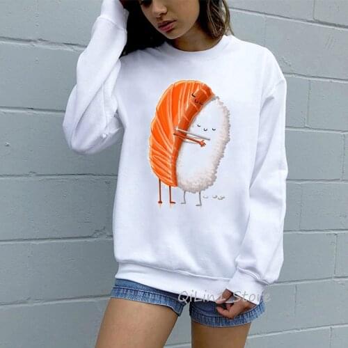 Harajuku Kawaii Sushi Hug Funny Hoodie Woman O-Neck Moletom Feminino White Pullover Cute Streetwear Women Sweatshirt Clothes