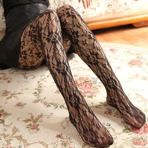 Fashion Womens Sexy Fishnet Pantyhose Black Lace Mesh Hollow Flower Tights Women Thin Nylons Net Stocking