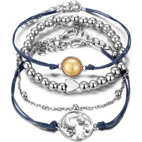 Bracelet set 4pcs package bead strand map heart bead charm round pearl setting silver color plated metal chain string