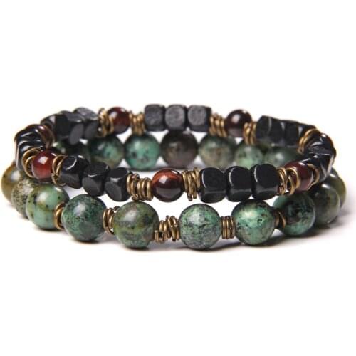 Bracelet Set Natural 8 mm Polished African Turquois Beads Bracelets For Men Vintage Stretch Bangle Tiger Eye Stone Pulsera Mala