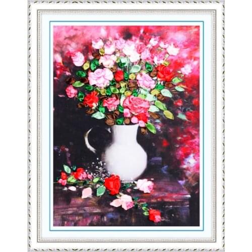 65x50cm Rose flowers Ribbon embroidery kit stain painting set handcraft kit DIY handmade needlework art home decor