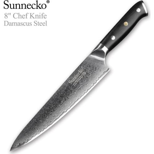 SUNNECKO 8" Chefs Knife Japanese Kitchen Knives VG10 Damascus Steel G10 Handle Razor Sharp Blade for Durable and Practical
