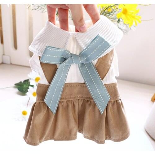 Pet Clothes Spring and Summer New Girl Dog Cat Dresses Khaki Bow Skirts Girl Dog Dresses for Small Dogs