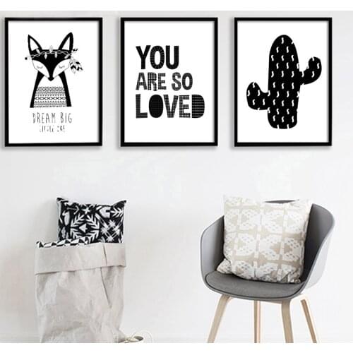 Black White Fox Cactus Canvas Poster Nordic Minimalist Wall Art Print Painting Picture Children Bedroom Decor