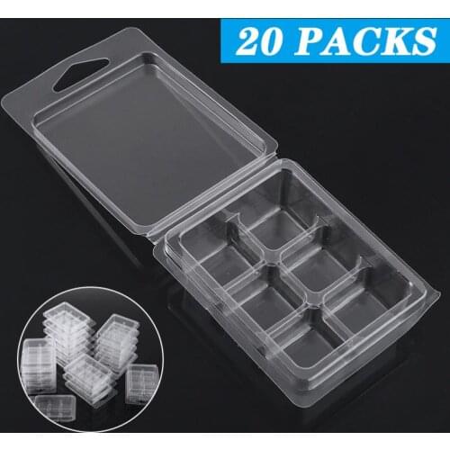 20pcs Clear Plastic Wax Melt Molds 6 Cell Wax Melt Clamshell Packaging Molds For Wax Soap Candle Melt Cubes Containers