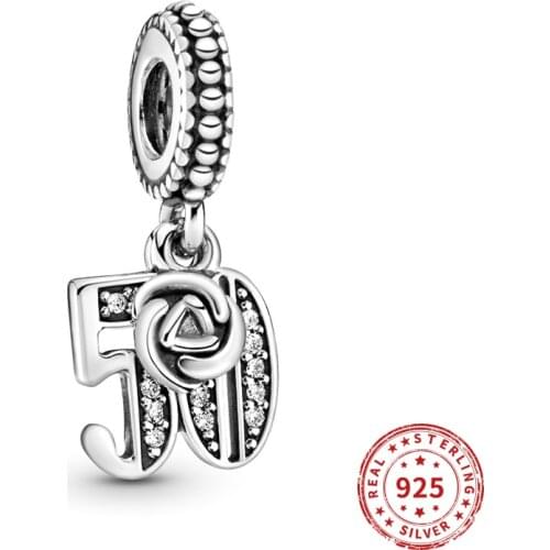 Real 925 Sterling Silver Beads Number 50 Crystal Charm Fit Original Pandora Bracelets Bangles Women Jewelry 2021