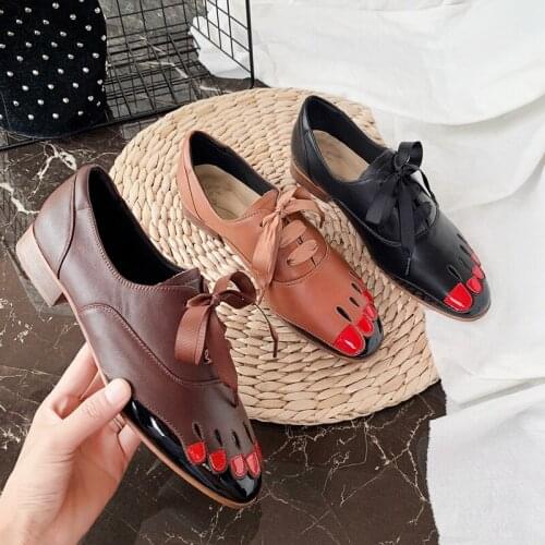 Brand Genuine Leather Women Pumps New Fashion Spring Autumn Lace Up Shallow Low Heels Shoes Woman Dress Party Casual Shoes 34-39