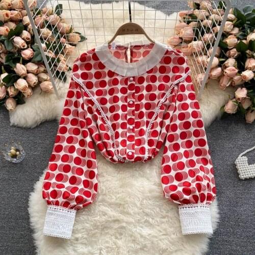 New Elegant Blouse White O Neck Full Lantern Sleeve Red Wave Point Print Fall Tops Mujer Buttons Basic Shirt Women Dropshipping